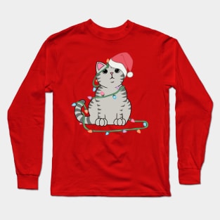 Gray Tabby Cat Christmas lights funny cat lover xmas hat Long Sleeve T-Shirt